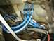 1995 Ford Bronco - Close-up view of blue spark plug wires and exhaust components within an engine bay.