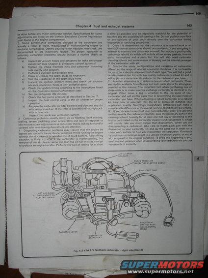 Carburetor diagram with labels for air cleaner bracket, throttle lever, and distributor spark port