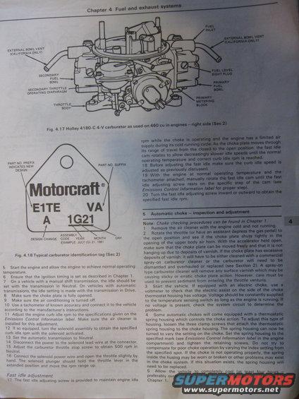 Diagram of Holley 4180-C carburetor and Motorcraft ID tag