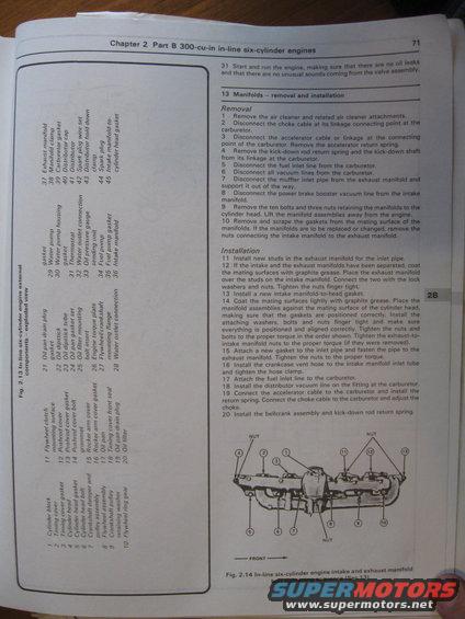 Diagram of a six-cylinder engine intake and exhaust manifold with numbered parts and labels