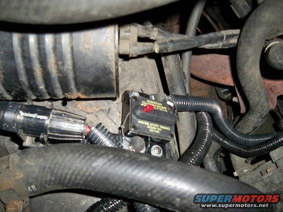 Close-up of a thermal circuit breaker in an engine bay