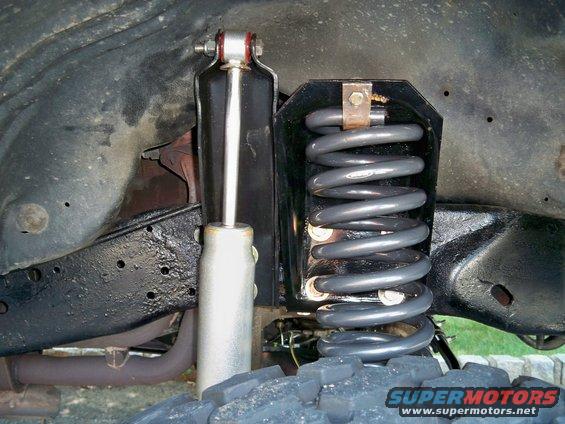 Gray coil spring and silver shock absorber mounted to black suspension components and frame