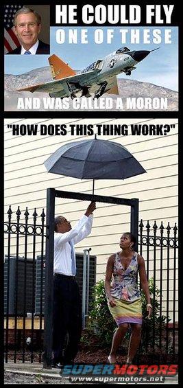 Meme with text and images of George W. Bush, a jet fighter, and Barack and Michelle Obama