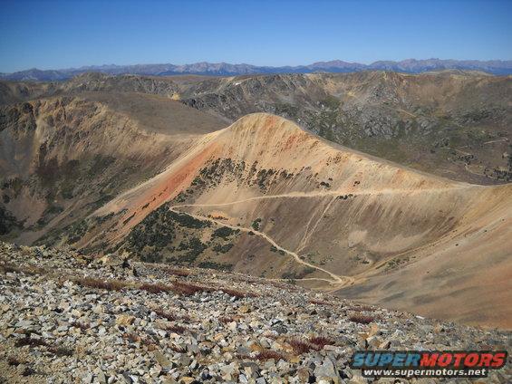 Mountain landscape with a winding dirt road and rocky foreground