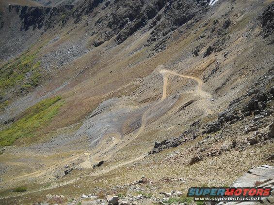 Winding dirt road on a steep, rocky mountainside with sparse vegetation
