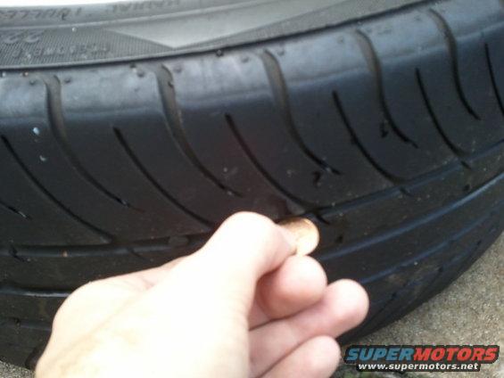 Tire tread with a penny inserted to check depth