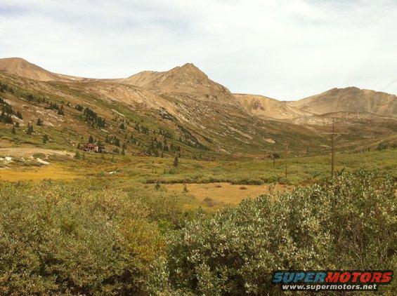 Mountain landscape with a distant building and trees