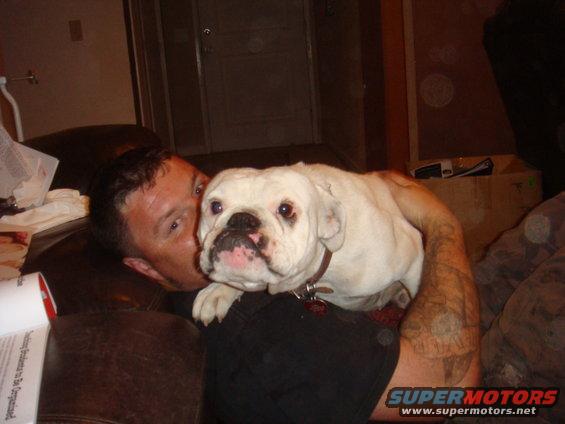 guy holding a white bulldog on a couch