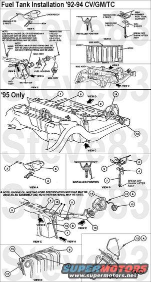 fueltank9295cv.jpg Fuel Tanks for '92-95 CV/GM/TC

Legend for '95 diagrams:
 1 Fuel Tank  9002
 2 Pin (2 Req'd) N802429-S100
 3 Underbody 
 4 Fuel Tank Support Strap  9092
 5 Nut (2 Req'd) N800478-S190
 6 Fuel Tank Support  9053
 7 Bolt (2 Req'd) N801111-S190
 8 Evaporative Emission Tube Shut Off Valve 9G332  
 9 Evaporative Emission Valve  9B593
10 Fuel Tank Filler Pipe  9034
11 Fuel Tank Filler Pipe Retainer  9B233
12 Screw (4 Req'd) N805402-S56
13 Fuel Tank Filler Cap  9030
14 Fuel Filler Housing 
15 Fuel Tank Filler Pipe Sensing Tube Hose 
16 Screw W611621-S56 
17 Vapor Supply Line 
18 Screw (4 Req'd) N610957-S56
A Tighten to 2.3-3.3 N-m (21-29 Lb-In) 
B Tighten to 6.8-9.2 N-m (61-81 Lb-In)