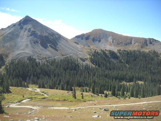 Mountain landscape with pine forest and dirt road under a clear blue sky