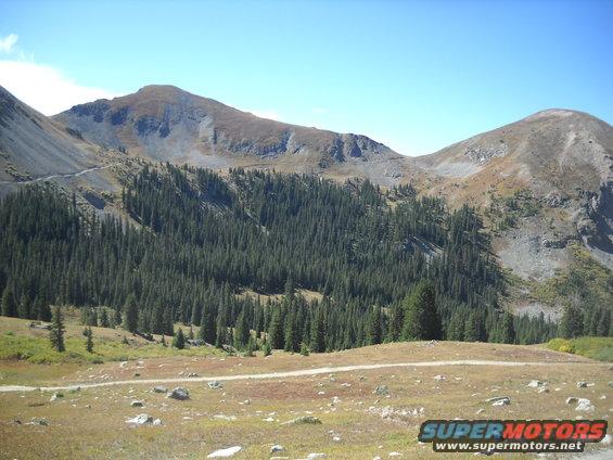 Mountain landscape with pine forest and a winding dirt road under a clear blue sky