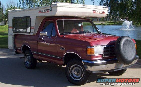 brono-069.jpg 1989 Ford Bronco XLT 4x4
1994 Lite-Craft Camper

135,000 miles
5.0 Liter V8
Automatic Transmission
4 wheel drive
Air Conditioning / Heater
Power locks
Power windows
Factory Radio
Burgundy Interior / Captains Chairs

1989 Ford Bronco XLT 4x4; Interior is very clean and comfortable. My full sized Bronco consistently passes State inspection. The air-conditioning system was replaced in 2007 and blows cold. New all-terrain tires were installed in 2008 including same size spare tire. The Ford Motor Company radio with presets is original and works great. 

1994 Lite-Craft Camper; Sleeps up to 4. Propane 3 burner stove, propane refrigerator, propane heater and thermostat. Propane refrigerator. Electric lights. 6 gallon fresh water tank. Electric water pump / Sink.  2 closets and storage cabinets. Battery / electric converter. Couch that coverts to full bed. Extra storage under couch. Full size bed over cab. Removable dining table and dining table storage. Gun storage. Portable chemical toilet and window air conditioner & bracket. 
