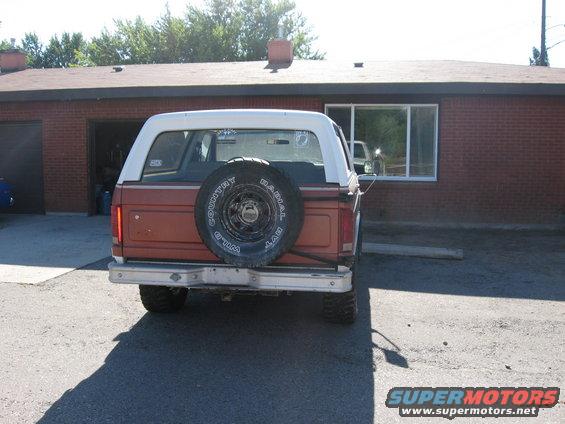 1981 Ford Bronco rear view with spare tire mounted on the tailgate