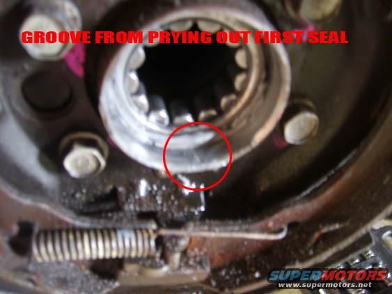 Grooved bearing race with red circle highlighting damage from prying out a seal