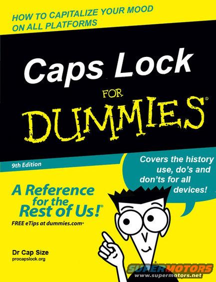 Book cover titled "Caps Lock For Dummies" with a cartoon character pointing