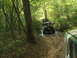 1996 Ford Bronco - A group of off-road vehicles navigates a wet and muddy path through a dense forest.