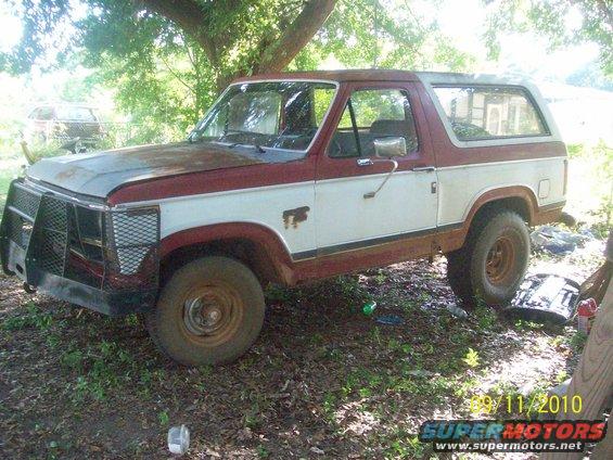 1980s Ford Bronco with a brush guard and two-tone paint, parked outdoors