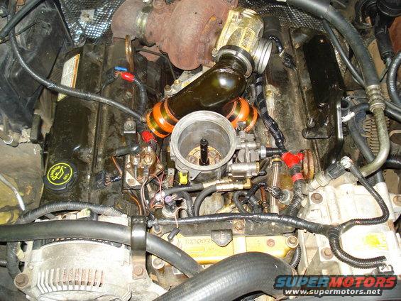 engine bay with turbocharger, intake piping, and various hoses and wires