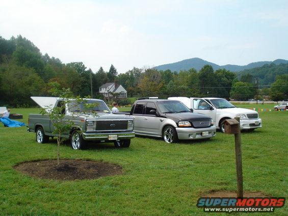 Silver and black Ford F-150 pickup truck with chrome wheels, parked on grass