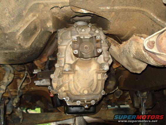 Underside view of a drivetrain part, possibly a transfer case