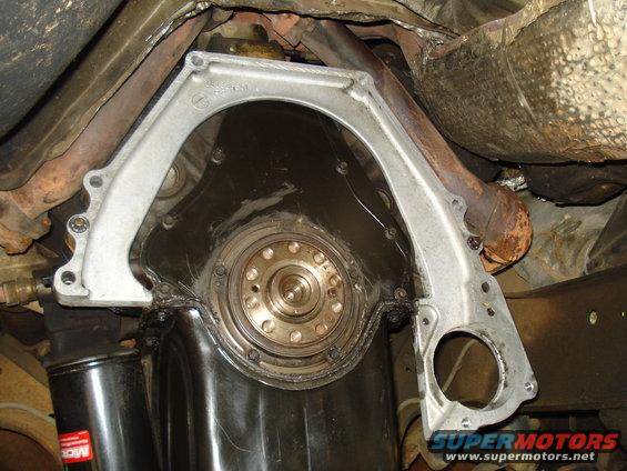 Transmission bell housing and flywheel assembly from below