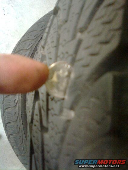 Close-up of tire tread with a coin inserted