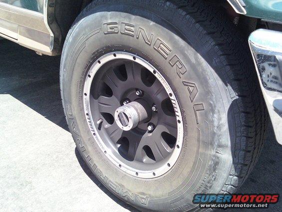 16X8 Eagle Off Road Alloys.  Part # 1408-7857

Came with the Bronk, Tires were 235x85x16 Ameritrac General Radials with bubbles that make it go faster! lol