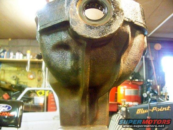 Close-up of a cast iron differential housing with a bearing race visible