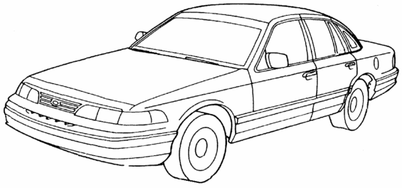 Line drawing of a sedan, front 3/4 view