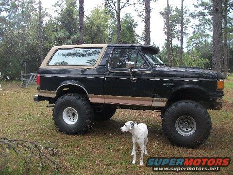 Black 1987 Ford Bronco with tan top, lifted suspension, and large tires parked on grass