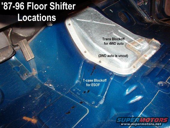 shiftercovers.jpg The butyl sealant between the trans plate & the floor is relatively easy to separate.  But the panel adhesive used on the t-case blockoff (also for 2WD) is almost impossible to split.  Some people have pried up a corner of the plate, bolted a chain to it, and driven the truck away from a tree to rip the plate loose.