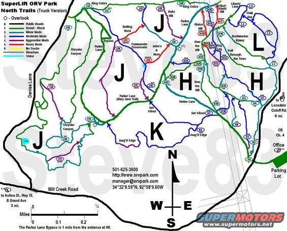 superlift-nct.jpg IF THE IMAGE IS TOO SMALL, click it.

The diamonds are the park ratings; the colors are my own ratings, based on driving them in my &quot;stock&quot; full-size Bronco.  All GPS-confirmed except J16, Holtz Hill, & the W end of Get Wired. 

The official park maps are available from this page: 
http://www.orvpark.com/trail.asp