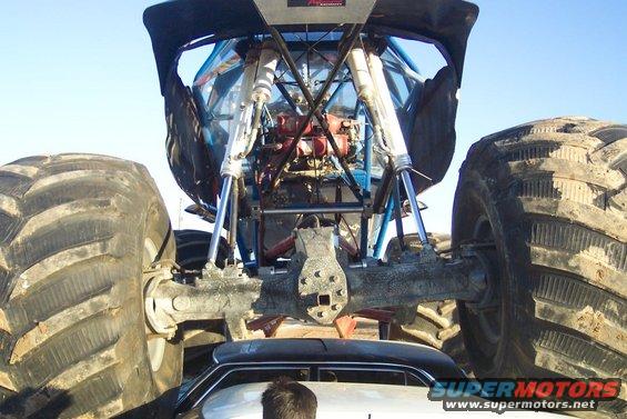 Monster truck rear view over a car