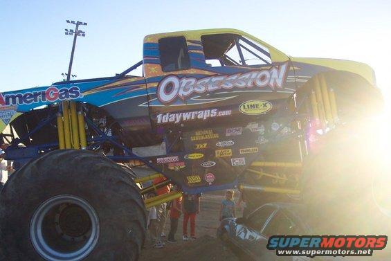 Monster truck named Obsession with Amerigas logo and many sponsor decals on its side