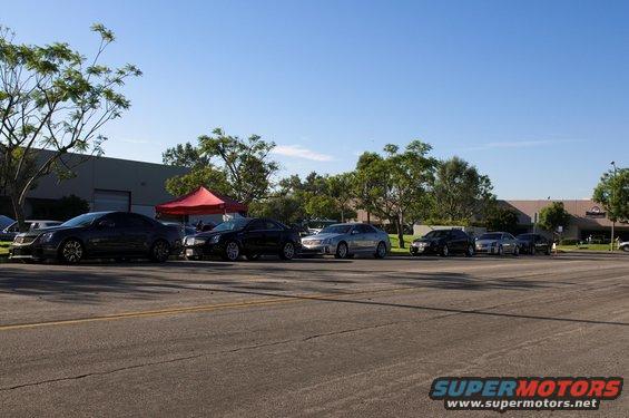 Several dark and silver Cadillac sedans parked in a row on a sunny day