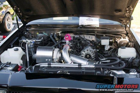 Modified V8 engine bay with large turbocharger and intercooler piping. Pink fuzzy toy on intake