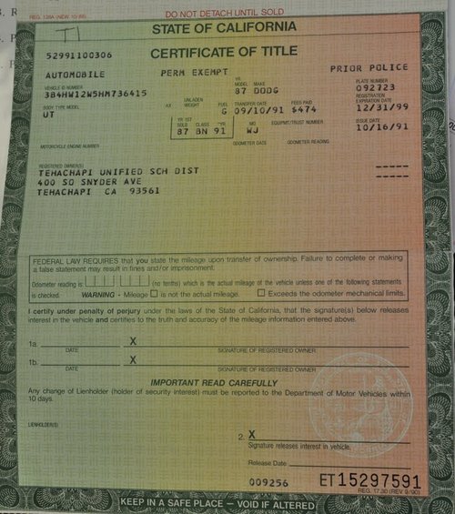 California Certificate of Title for a 1987 Dodge, issued 10/16/91