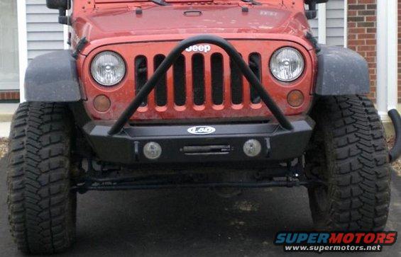 Red Jeep Wrangler front bumper with winch and brush guard