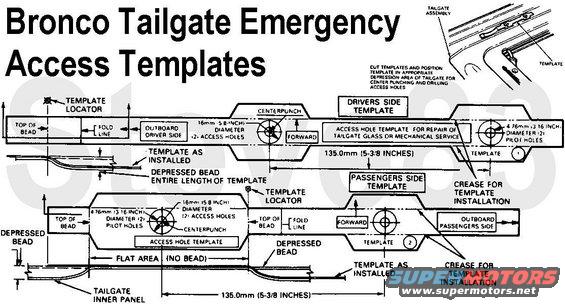 tgtemplate.jpg Bronco Tailgate Emergency Access Templates

These allow 4 holes to be drilled in the tailgate inner skin for access to the glass channel nuts when the glass is fully down AND the motor is dead.  Once the nuts are removed, the glass can be raised and the motor replaced.

But it's stupid to drill into the t/g.  Remove the inside access panel (#2 Phillips x10), and reach inside to get the four 7/16&quot; (11mm) nuts off the glass regulator tracks.