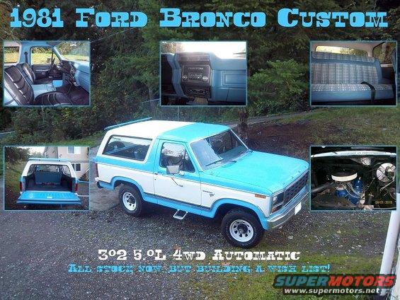 Two-tone blue and white Ford Bronco with interior, engine, and rear views. Text says 302 5.0L 4WD Automatic