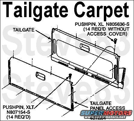 tgcarpet.jpg '94-96 Bronco Tailgate Carpet

These t/g carpet pushpins have coarser fins than those for the camper trim, but are interchangeable.
Head Dia.: 19/32&quot; 
Stem Dia.: 9/32&quot;
Stem Lgth.: 27/32&quot;

AuVeCo #.........Color
19371 ...............Blue (lapis)
19372 ...............Dark Gray (granite)
19373 ...............Light Gray (opal)
[url=https://www.auveco.com/discontinued-ford-trim-panel-retainer-prairie-tan-19374]19374[/url] ...............Tan (mocha)

[url=http://www.supermotors.net/registry/media/282491][img]http://www.supermotors.net/getfile/282491/thumbnail/campershelltrim.jpg[/img][/url]

To add a simple self-diagnostic capability, wire a 12V lamp across the safety switch terminals, and mount it in the tailgate shell above the lock cylinder in the inside sill (through a carpet retainer hole if present).  If either control switch is activated, and the only thing preventing the glass from moving is the safety switch, the lamp will light and be visible to a person using either switch.

[url=http://www.supermotors.net/vehicles/registry/media/922714][img]http://www.supermotors.net/getfile/922714/thumbnail/latchindicator.jpg[/img][/url]

See also:
[url=http://www.supermotors.net/vehicles/registry/media/544687][img]http://www.supermotors.net/getfile/544687/thumbnail/tgcarpetblue.jpg[/img][/url] . [url=http://www.supermotors.net/vehicles/registry/media/310329][img]http://www.supermotors.net/getfile/310329/thumbnail/tailgatecarpetmocha.jpg[/img][/url]