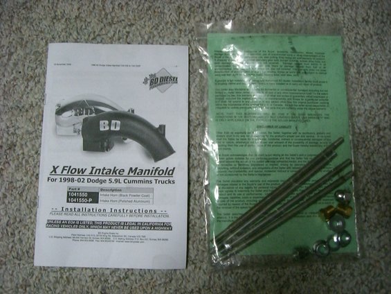 BD Diesel X Flow Intake Manifold for 1998-02 Dodge 5.9L Cummins Trucks, with installation instructions and hardware