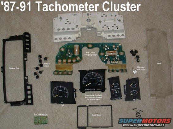 cluster8791tach.jpg '87-91 Tach Cluster Parts
IF THE IMAGE IS TOO SMALL, click it.

The '87-91 cluster is built very much like the '92-96, which makes it much easier to repair & clean than '80-86 clusters.  It's also possible to remove the needles from their shafts, peel the black gauge faces off the clear gauge bodies, and scrape the green paint off to change the gauges' color.  Gauge faces commonly detach on these old trucks, but they're easy to glue back on.  The needles can also be repainted with fresh hi-vis orange; the factory orange fades to this urine-yellow with sun exposure over the years.


The speedo is NOT directly interchangeable between tach & non-tach clusters, so it's difficult to keep the original odometer reading when swapping clusters.

[url=http://www.supermotors.net/registry/media/831124][img]http://www.supermotors.net/getfile/831124/thumbnail/speedocabletop.jpg[/img][/url] . [url=http://www.supermotors.net/registry/media/894802][img]http://www.supermotors.net/getfile/894802/thumbnail/cluster8791.jpg[/img][/url] . [url=http://www.supermotors.net/registry/media/311488][img]http://www.supermotors.net/getfile/311488/thumbnail/eulims.jpg[/img][/url]

A new replacement shift indicator cable has become available in 2021:
https://www.ebay.com/itm/274712952323

For inoperative fuel gauge, read this page:

[url=https://www.supermotors.net/registry/2742/77131-4][img]https://www.supermotors.net/getfile/875334/thumbnail/fuellevel11.jpg[/img][/url]