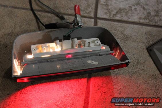 This is from my 2003 parts car, it was used to test gutting a Ford OEM CHMSL and replacing it with a Federal Signal LEDs. 

*one blub is burnt out