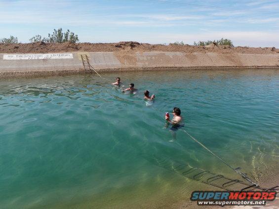 People swim in a canal with a 'No Trespassing' sign on the bank