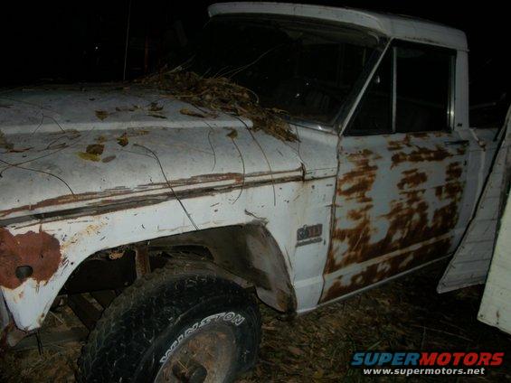 old white pickup truck with rust and leaves on hood