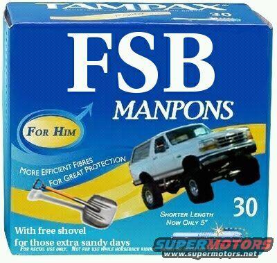 Box of "FSB MANPONS" tampons for men, showing a lifted white SUV and a shovel