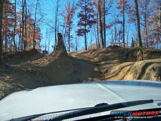 Off-road trail through woods with dirt mounds and trees under a clear blue sky