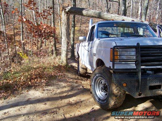 1987 Ford F-250 on a dirt trail with a fallen tree across the path