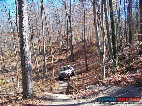 Off-road vehicle driving on a dirt path through a wooded area in autumn